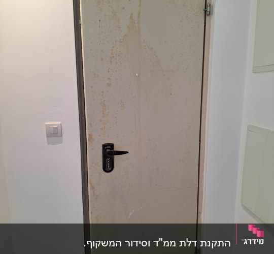 דלת מתכת עם ידית שחורה וקיר לבן